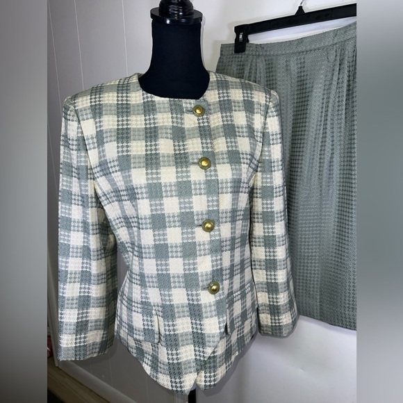 VINTAGE 90s Kasper Petite Plaid Blazer and Skirt Set - Picture 3 of 16